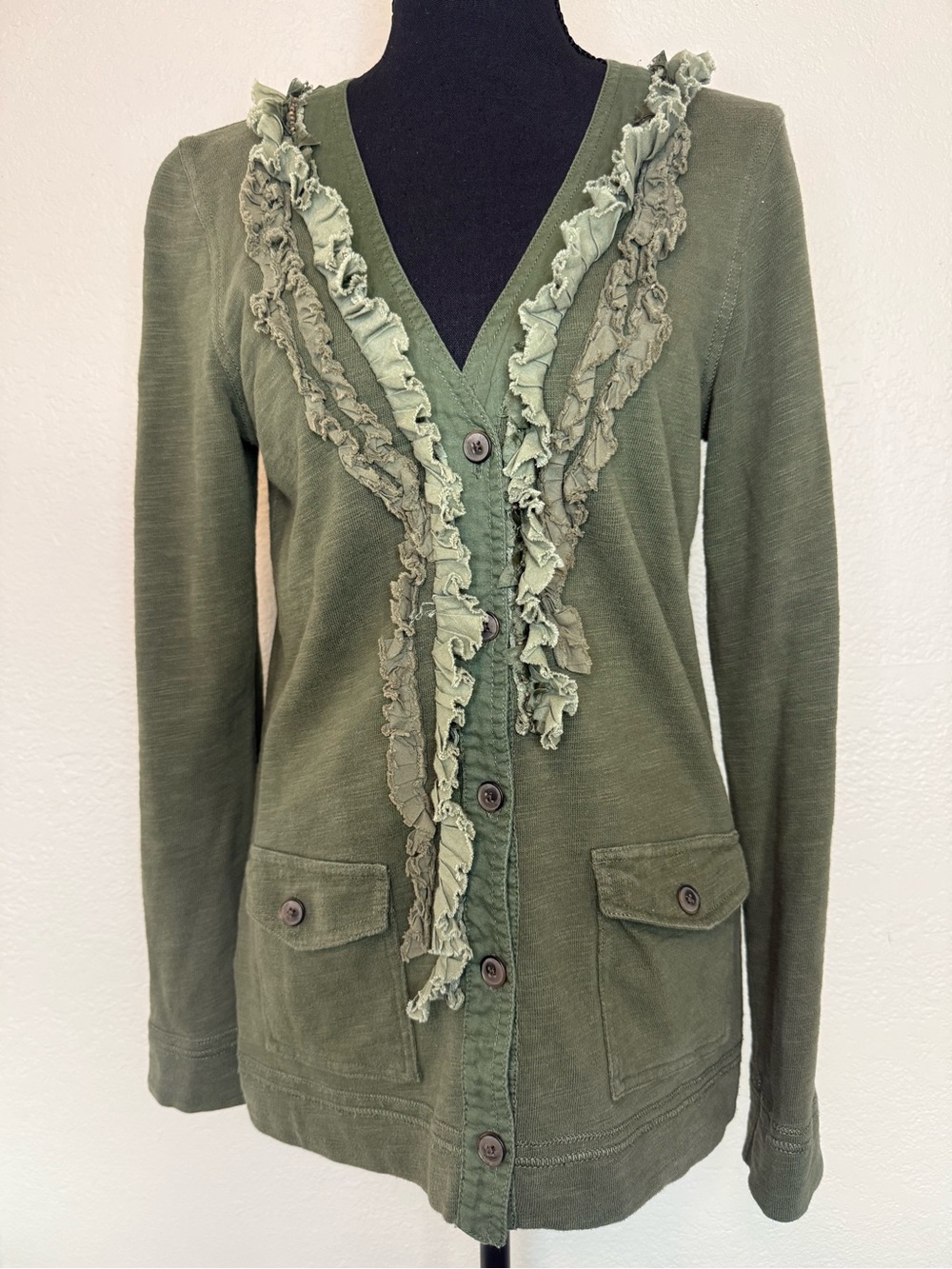 Eddie Bauer Olive Ruffle-Front Cardigan